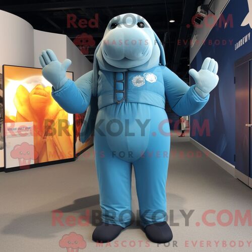 Costume De Mascotte Redbrokoly De Morse Bleu Ciel Habillé D Un Blouson Aviateur Et De Coussinets De Pieds