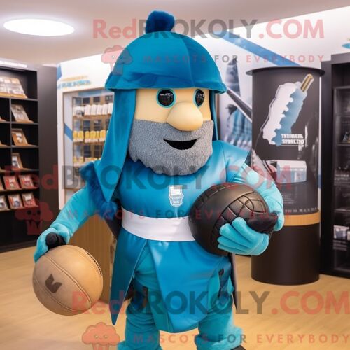 Costume De Mascotte Redbrokoly De Chevalier Médiéval Turquoise Personnage Habillé D Une Chemise De Rugby Et De Bonnets