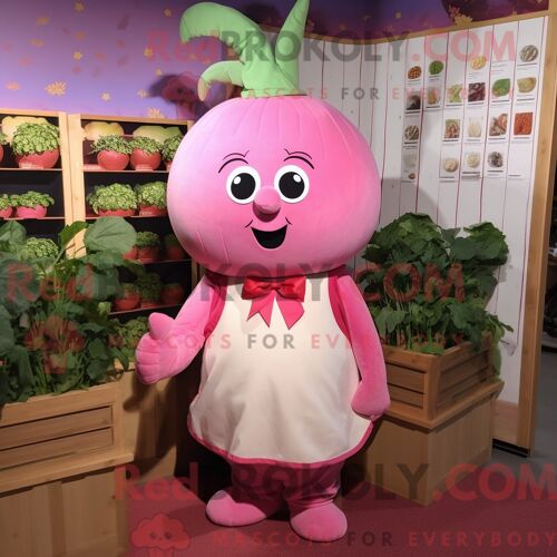 Costume Mascotte Redbrokoly De Navet Rose Personnage Habillé Avec Une Barboteuse Et Des Cravates