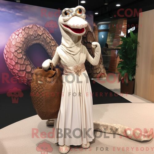 Costume Mascotte Redbrokoly De Python Marron Habillé D Une Robe De Mariée Et De Sacs Besaces