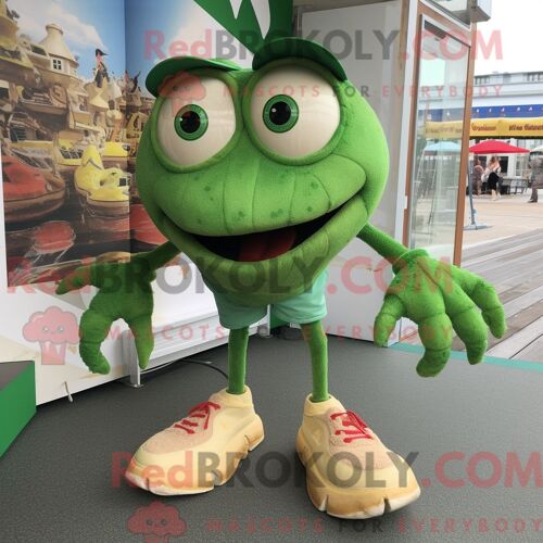 Costume De Mascotte Redbrokoly De Gâteaux De Crabe Vert Habillé D Un T-Shirt Henley Et De Pinces À Chaussures