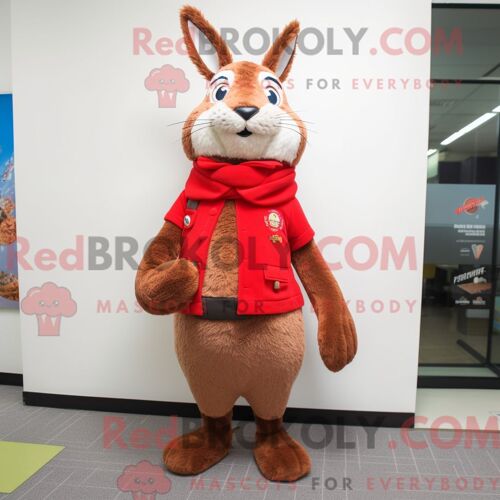 Personnage De Costume De Mascotte Redbrokoly De Lapin Sauvage Rouge Habillé Avec Des Clips De Gilet Et D Écharpe