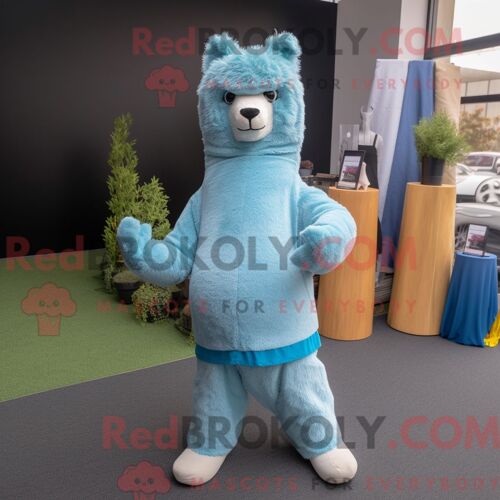 Costume Mascotte Redbrokoly D Alpaga Bleu Ciel Habillé D Un Pantalon De Yoga Et De Pochettes De Costume