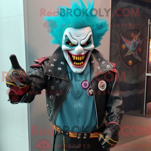 Costume De Mascotte Redbrokoly De Clown Maléfique Bleu Sarcelle Habillé D Une Veste En Cuir Et D Anneaux