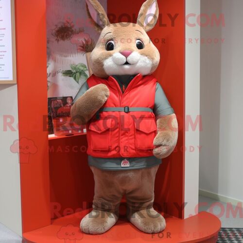 Personnage De Costume De Mascotte Redbrokoly De Lapin Sauvage Rouge Habillé Avec Des Clips De Gilet Et D Écharpe