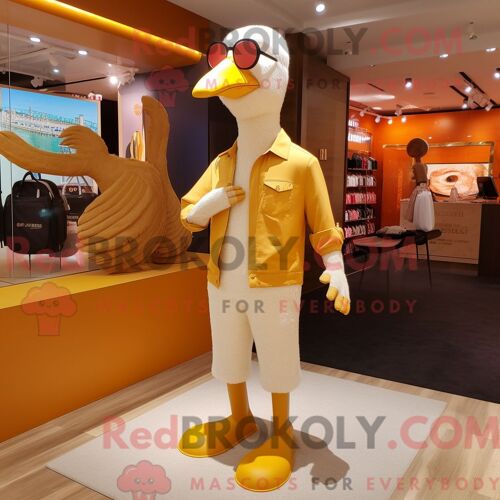 Costume De Mascotte Redbrokoly De Cygne Doré Habillé D Un Pantalon En Velours Côtelé Et De Lunettes De Soleil
