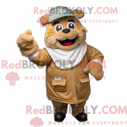 Personnage De Costume De Mascotte Redbrokoly De Sandwich Au Porc Effiloché Beige Habillé D Une Parka Et De Gants