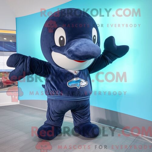 Costume Mascotte Redbrokoly De Baleine Bleue Noire Personnage Habillé Avec Un Sweat Et Des Mitaines
