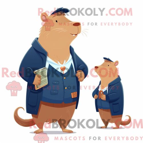 Costume Mascotte Redbrokoly De Capybara Bleu Marine Personnage Habillé D Un Cardigan Et De Broches