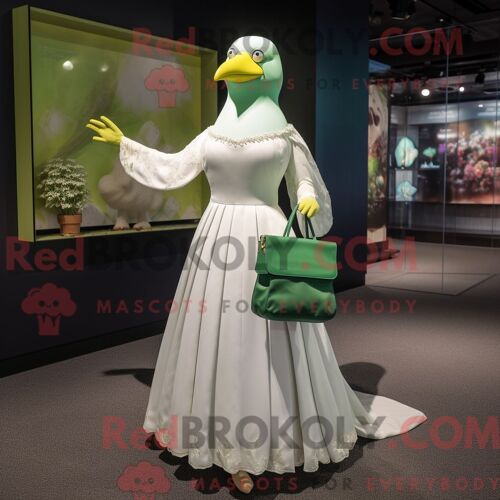 Costume De Mascotte Redbrokoly De Pigeon Vert Habillé D Une Robe De Mariée Et De Pochettes