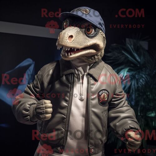 Costume Mascotte Redbrokoly D Utahraptor Argenté Personnage Habillé D Un Blouson Aviateur Et De Bérets