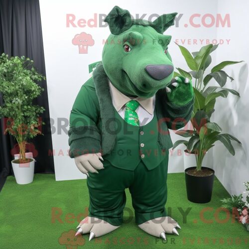 Costume De Mascotte Redbrokoly De Rhinocéros Vert Forêt Personnage Habillé Avec Un Manteau Et Des Pinces À Chaussures