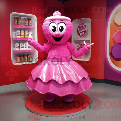 Personnage De Costume De Mascotte Redbrokoly Magenta Candy Box Habillé Avec Une Jupe Circulaire Et Des Bracelets De Cheville
