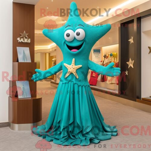 Costume De Mascotte Redbrokoly D Étoile De Mer Bleu Sarcelle Habillé Avec Une Robe De Soirée Et Des Colliers