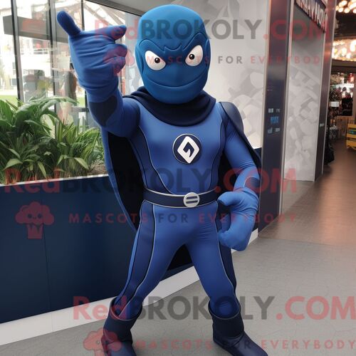 Costume De Mascotte Redbrokoly De Super-Héros Bleu Marine Habillé D Un Coupe-Vent Et De Gants