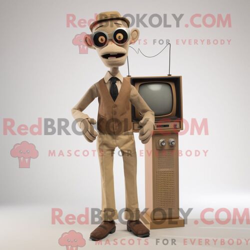 Costume De Mascotte Redbrokoly De Tan Television Habillé D Un T-Shirt Graphique Et De Cravates