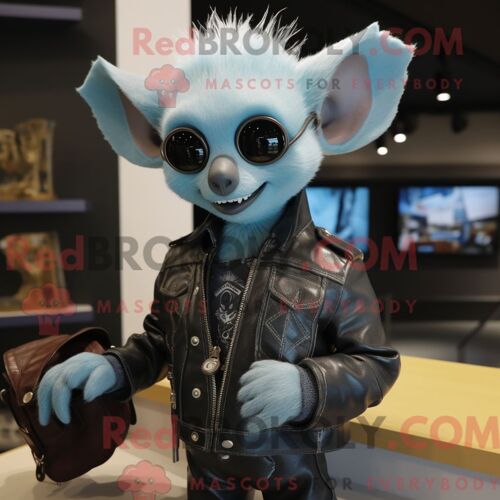 Costume Mascotte Redbrokoly Aye-Aye Bleu Ciel Habillé Avec Une Veste De Motard Et Des Porte-Documents