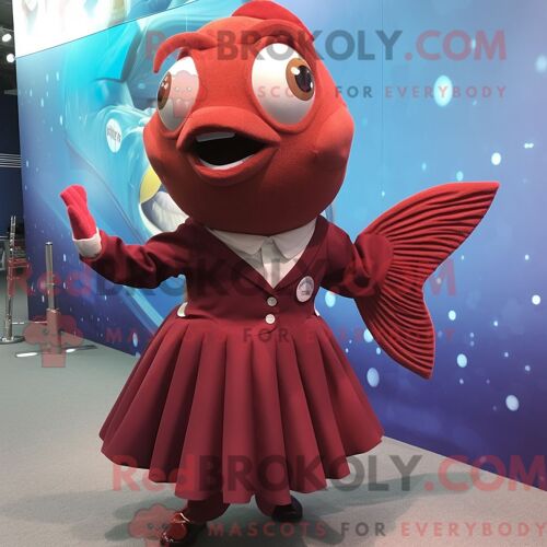 Costume De Mascotte Redbrokoly De Poisson Rouge Marron Habillé Avec Une Jupe Crayon Et Des Bretelles