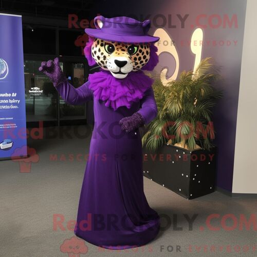 Costume De Mascotte Redbrokoly De Jaguar Violet Habillé D Une Robe De Soirée Et De Casquettes