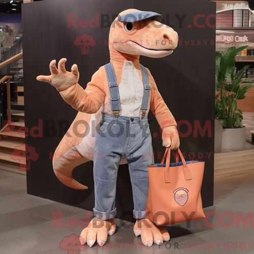 Personnage De Costume De Mascotte Redbrokoly D Allosaurus Pêche Habillé Avec Un Jean Boyfriend Et Des Sacs Fourre-Tout