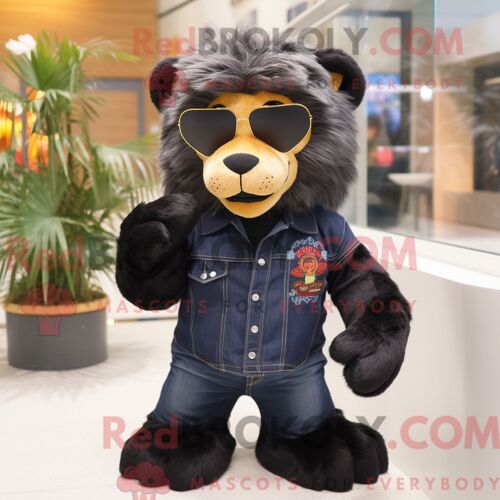Costume Mascotte Redbrokoly De Smilodon Noir Personnage Habillé Avec Un Jean Flare Et Des Lunettes De Soleil