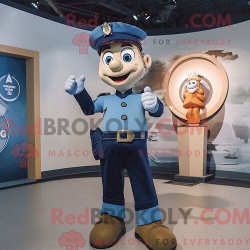 Costume Mascotte Redbrokoly De Sablier Bleu Marine Habillé D Une Chemise En Jean Et De Gants