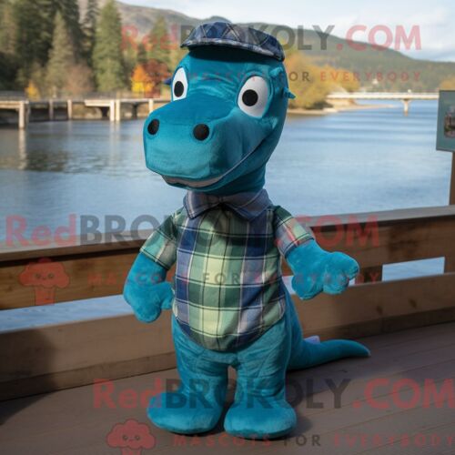 Costume De Mascotte Redbrokoly De Monstre Du Loch Ness Bleu Sarcelle Habillé D Une Chemise En Flanelle Et De Noeuds Papillons