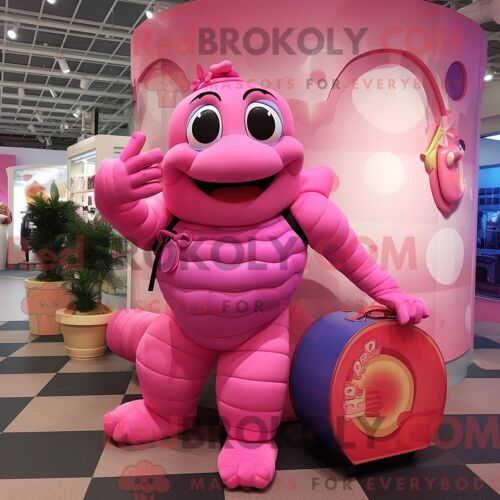Costume Mascotte Redbrokoly De Contorsionniste Rose Habillé D Un Col Roulé Et De Sacs À Main
