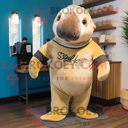 Costume Mascotte Redbrokoly De Vache De Mer De Stellar Doré Personnage Habillé Avec Un Sweat-Shirt Et Des Bretelles