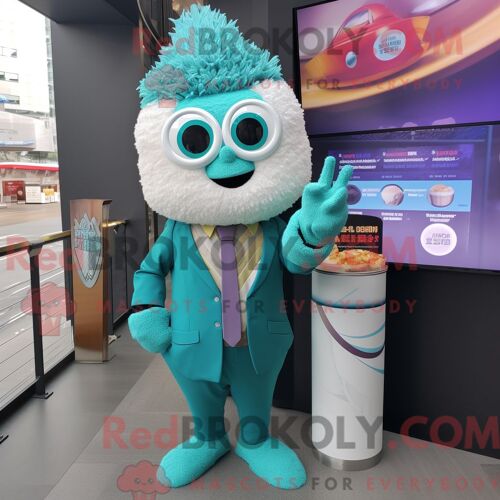 Costume De Mascotte Redbrokoly De Ramen Bleu Sarcelle Habillé D Un Blazer Et De Montres Numériques