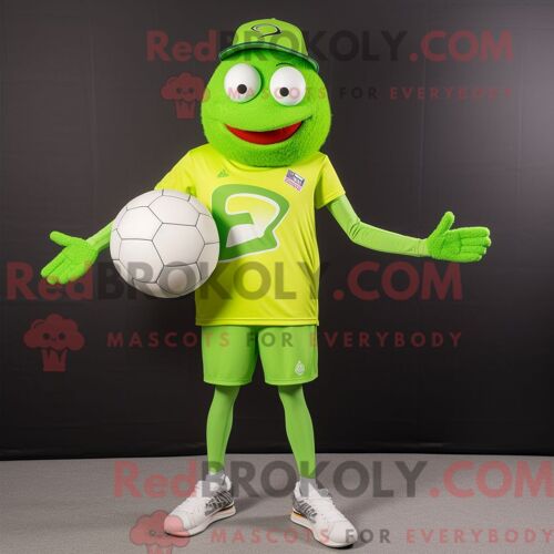 Costume De Mascotte Redbrokoly De Ballon De Handball Vert Citron Habillé Avec Un Jean Skinny Et Des Chapeaux