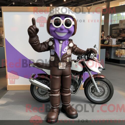 Personnage De Costume De Mascotte Redbrokoly De Barre De Chocolat À La Lavande Habillé Avec Une Veste De Moto Et Des Bretelles
