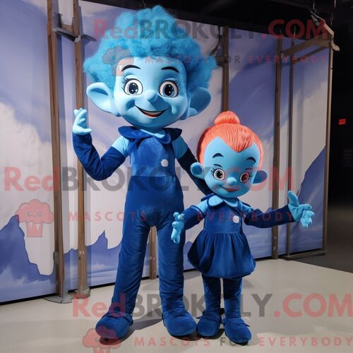 Costume De Mascotte Redbrokoly De Trapèze Bleu Personnage Habillé Avec Une Barboteuse Et Des Pinces À Cheveux