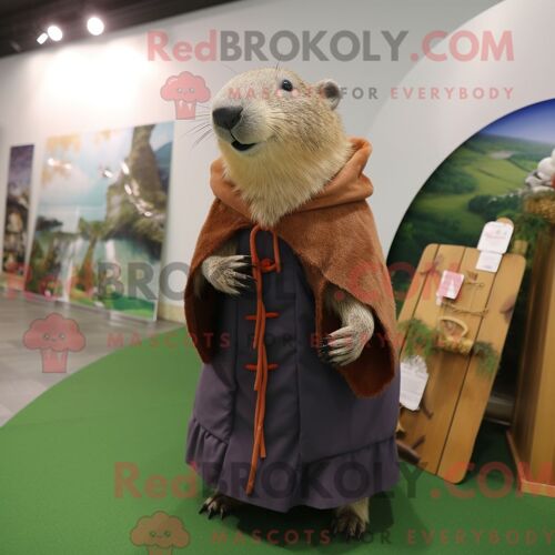 Costume Mascotte Redbrokoly De Capybara Olive Personnage Habillé D Un Manteau Et De Châles