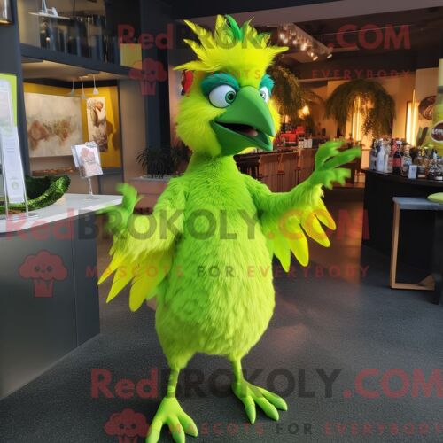 Costume De Mascotte Redbrokoly D Archéoptéryx Vert Citron Personnage Habillé D Une Robe De Cocktail Et De Boutons De Manchette