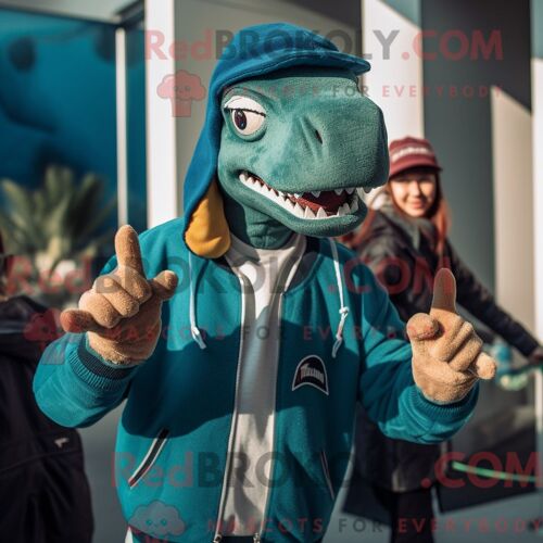 Costume Mascotte Redbrokoly De Deinonychus Bleu Sarcelle Habillé D Un Sweat-Shirt Et De Bérets