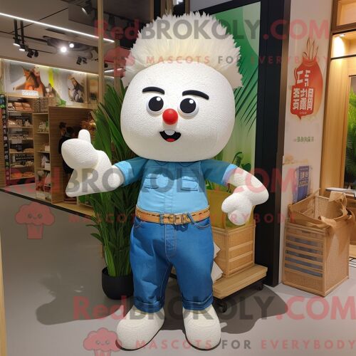 Costume De Mascotte Redbrokoly De Riz Frit Blanc Personnage Habillé D Une Chemise En Jean Et De Pochettes