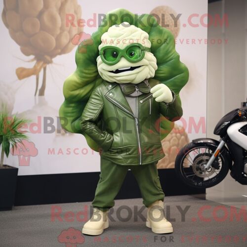 Personnage Mascotte Redbrokoly De Chou-Fleur Olive Habillé D Une Veste De Moto Et De Pochettes De Costume