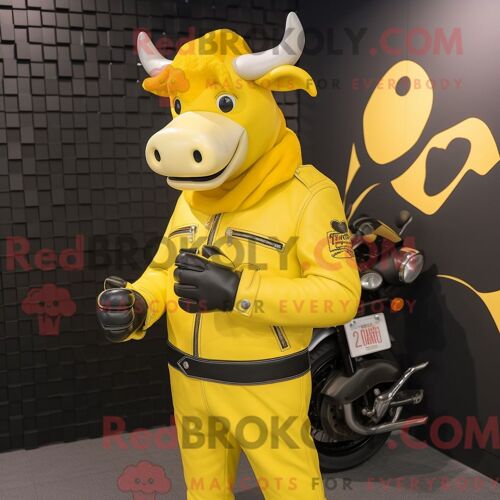 Costume De Mascotte Redbrokoly De Vache En Jersey Jaune Citron Personnage Habillé Avec Une Veste De Motard Et Des Pochettes