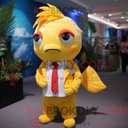 Costume De Mascotte Redbrokoly De Poisson Rouge Jaune Habillé Avec Une Chemise Habillée Et Des Épingles À Cheveux