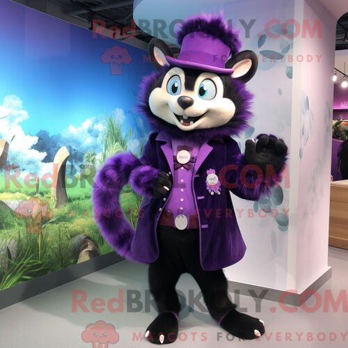 Costume Mascotte Redbrokoly De Skunk Pourpre Personnage Habillé D Un Manteau Et De Broches