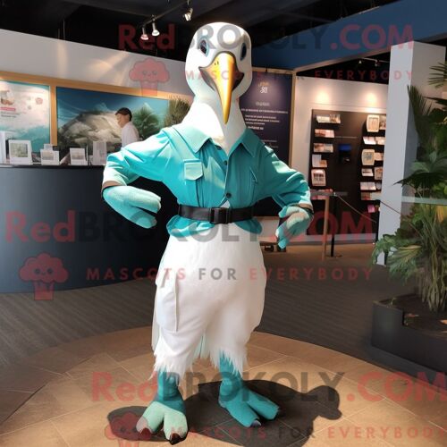 Costume Mascotte Redbrokoly D Albatros Bleu Sarcelle Habillé D Un Chemisier Et De Ceintures