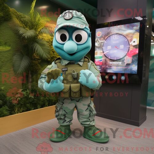 Costume Mascotte Redbrokoly De Béret Vert Turquoise Habillé D Une Combishort Et De Montres Numériques