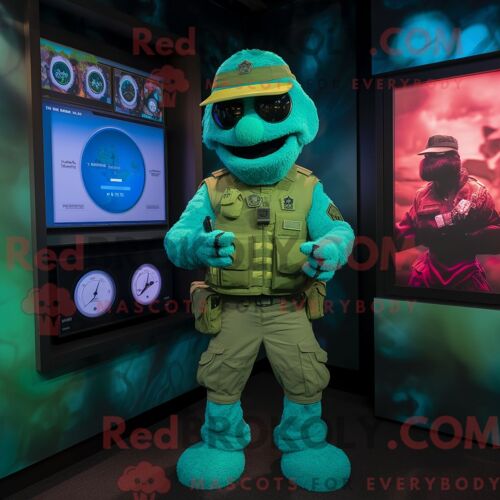 Costume Mascotte Redbrokoly De Béret Vert Turquoise Habillé D Une Combishort Et De Montres Numériques