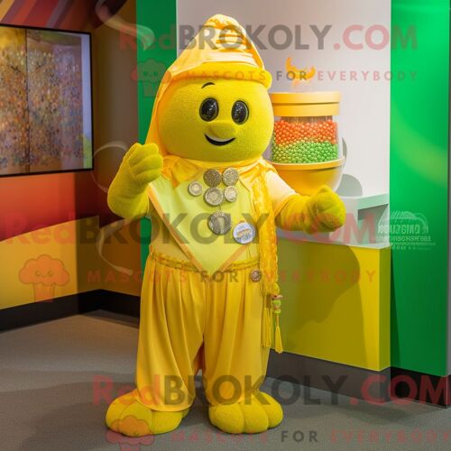 Personnage De Costume De Mascotte Redbrokoly De Pot D Or Jaune Habillé Avec Une Barboteuse Et Des Clips Pour Écharpe