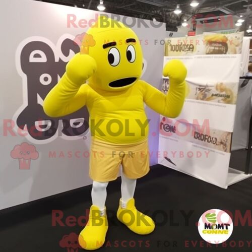 Costume De Mascotte Redbrokoly De Gant De Boxe Jaune Citron Habillé Avec Un T-Shirt Henley Et Des Lacets De Chaussures
