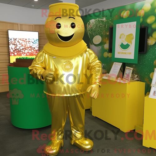 Personnage De Costume De Mascotte Redbrokoly De Pot D Or Jaune Habillé Avec Une Barboteuse Et Des Clips Pour Écharpe