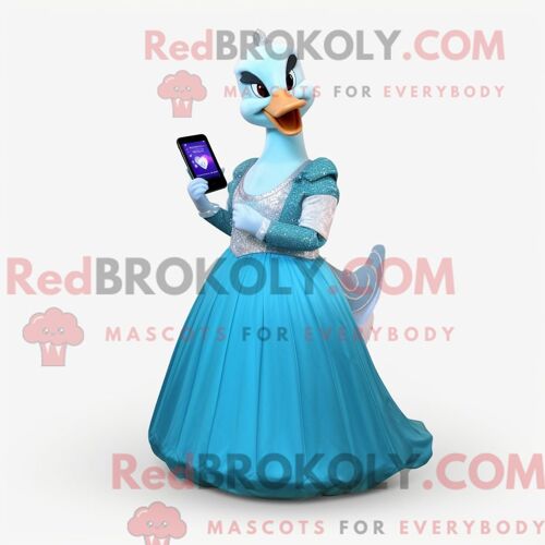Costume De Mascotte Redbrokoly De Cygnes Cyan Habillé D Une Robe De Soirée Et De Montres Intelligentes