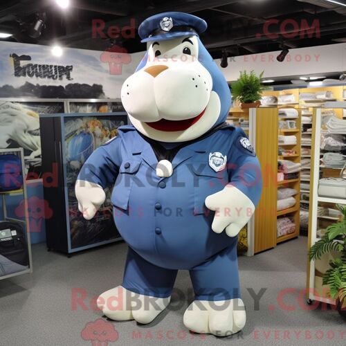 Costume Mascotte Redbrokoly D Hippopotame Bleu Marine Habillé D Une Combinaison Et De Sacs Besaces
