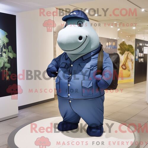 Costume Mascotte Redbrokoly D Hippopotame Bleu Marine Habillé D Une Combinaison Et De Sacs Besaces